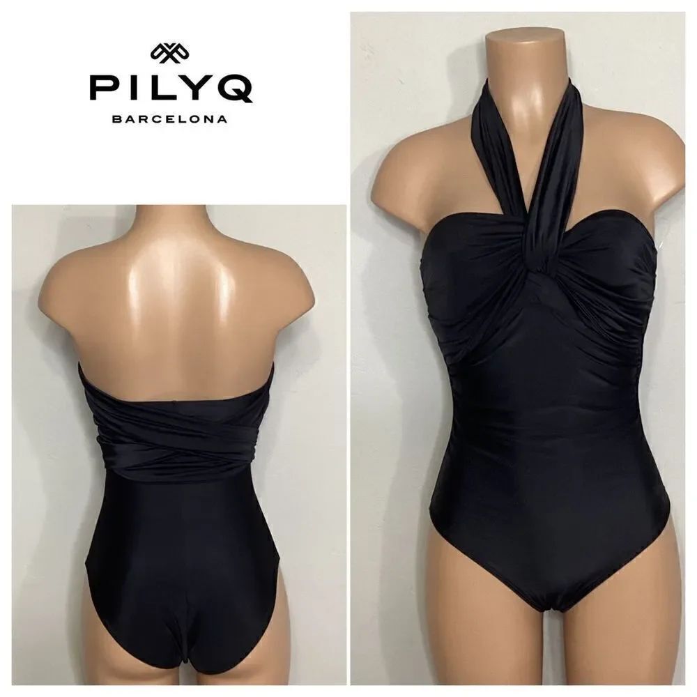 New. Pilyq black bandeau multi-way swimsuit with tummy control